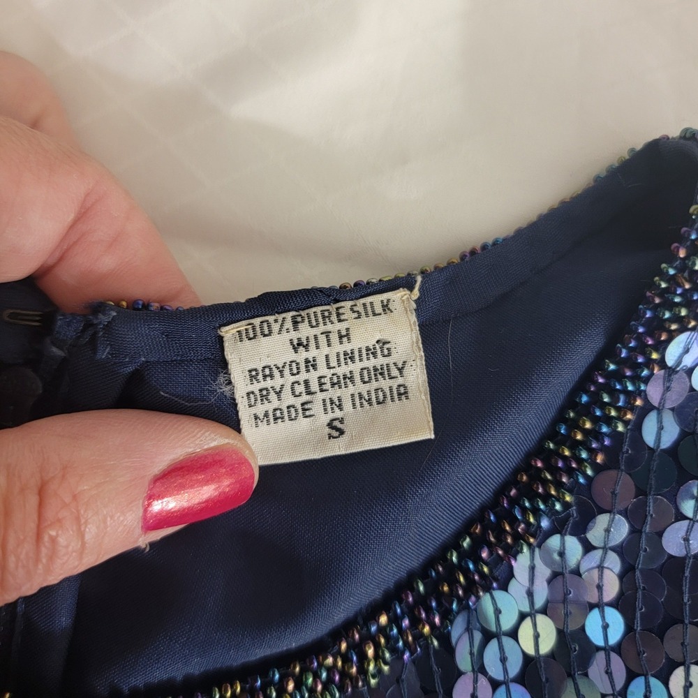 Vintage 100% Silk Blue Iridescent Sequin Beaded Mini Dress Short Sleeve Small - Picture 3 of 15